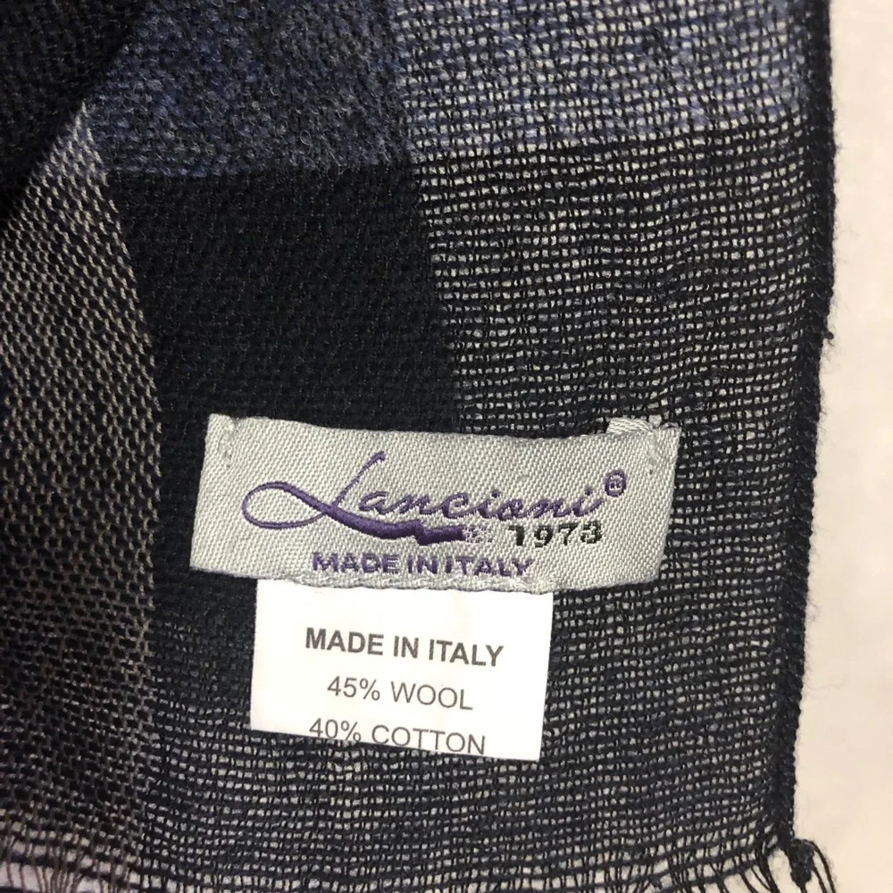 Lancioni 1973 blue black plaid and striped scarf